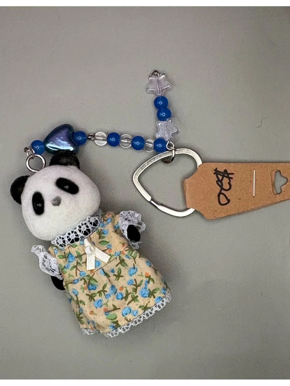 Calico critter Panda Keychain with Floral Dress and Blue Bead Accents